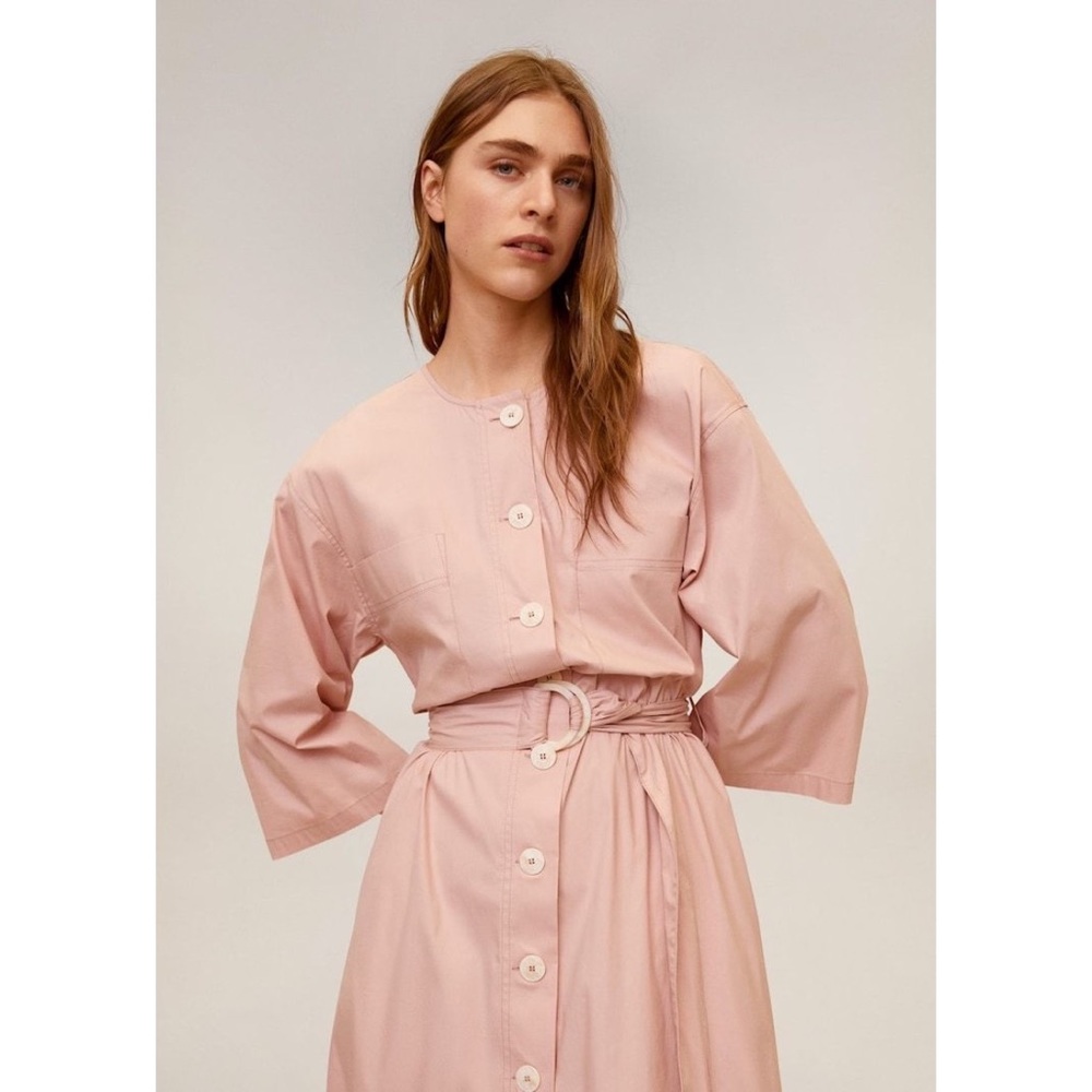 Mango Committed MNG Buttons Peach Pink Cream Organic Cotton Dress 6 New w Tags